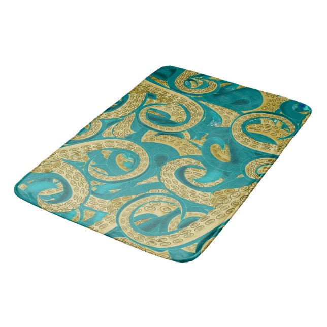 Teal Gold Octopus Bath Mat (Angled)