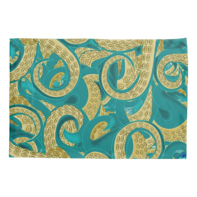 Teal Gold Octopus Pillow Case (Back)