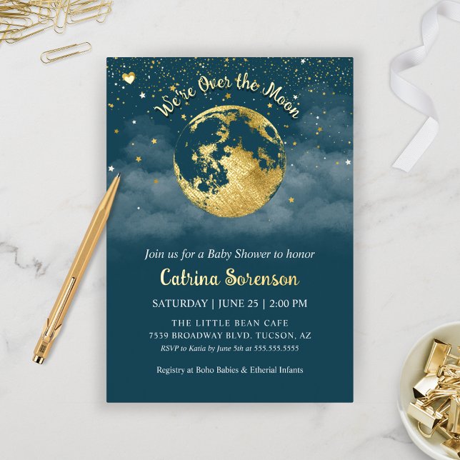 Teal Gold Over the Moon Baby Shower (Elegant Teal and Gold Over the Moon Celestial Baby Shower Theme Invitation with Foil)