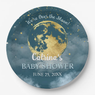 Teal Gold Over the Moon Baby Shower Paper Plate