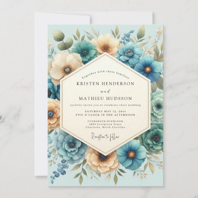Teal Gold Painterly Bloom Wedding Invitation (Front)