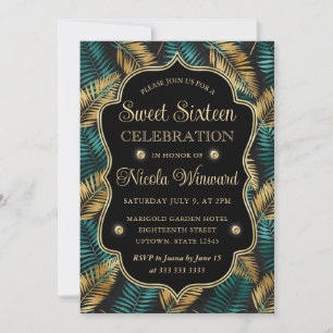 Teal Gold Palm Leaf Elegant Black Sweet 16 Invitation