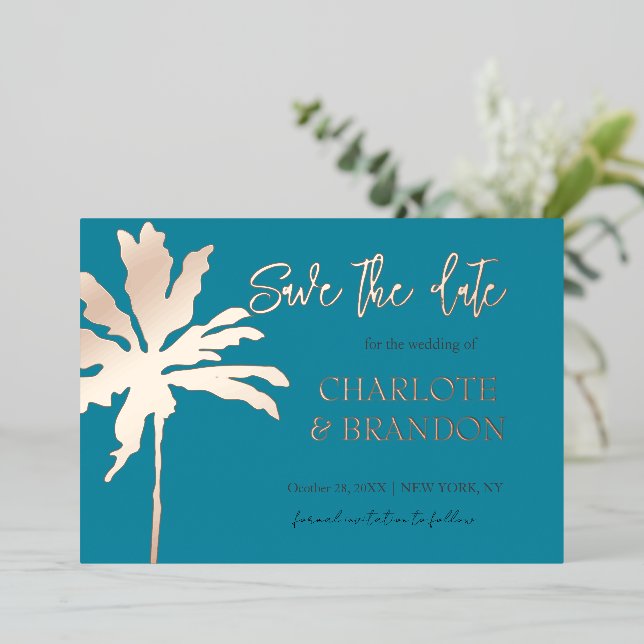 Teal Gold Palm Tree Beach Wedding Save The Date  (Standing Front)