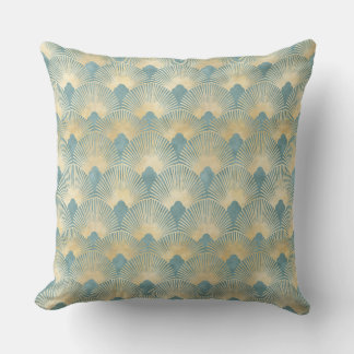 Teal gold pattern,fan feather pattern,Art Deco chi Cushion