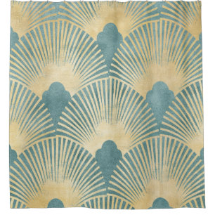 Teal gold pattern,fan feather pattern,Art Deco chi Shower Curtain