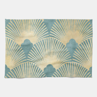 Teal gold pattern,fan feather pattern,Art Deco chi Tea Towel