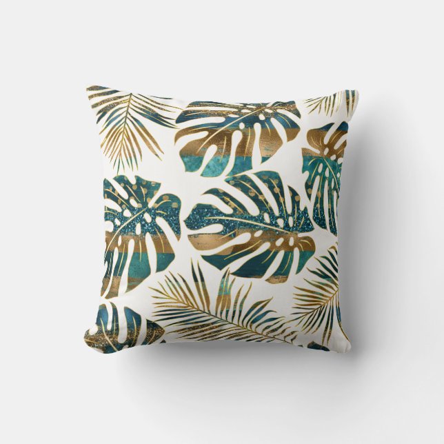 Teal gold patterned tropical leaves brush strokes cushion (Front)