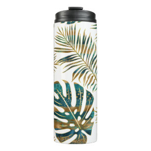 Teal, gold patterned tropical leaves brush strokes thermal tumbler