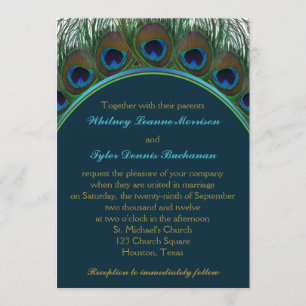 Teal, Gold Peacock Feathers Wedding Invitation