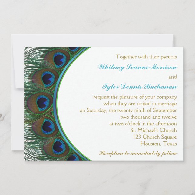 Teal, Gold Peacock Feathers Wedding Invitation (Front)