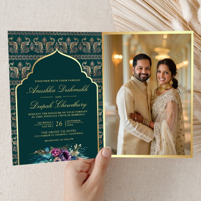 Teal Gold Peacock Pattern Floral Indian Wedding Invitation (Creator Uploaded)