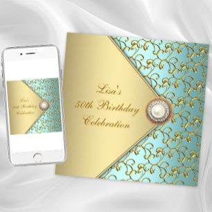 Teal Gold Pearl Womans 50th Birthday Party Invitation