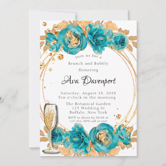 Teal Gold Peony Geometric Brunch and Bubbly Invitation (Front)