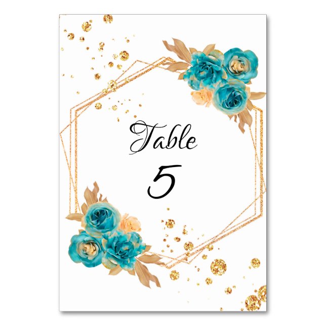 Teal Gold Peony Geometric Glitter Table Number (Front)