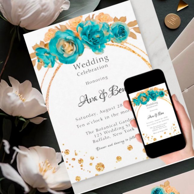 Teal Gold Peony Geometric Wedding Celebration  Invitation (Creator Uploaded)
