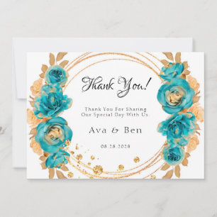 Teal Gold Peony Geometric Wedding Thank You Cards