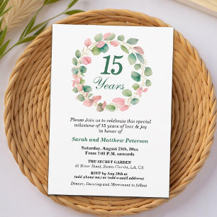 Teal Gold Pink Eucalyptus 15th Wedding Anniversary Invitation