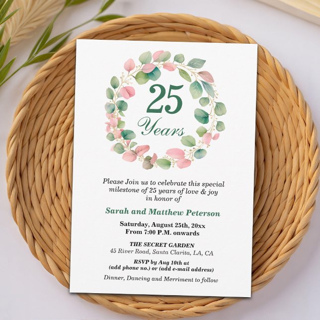 Teal Gold Pink Eucalyptus 25th Wedding Anniversary Invitation (Creator Uploaded)