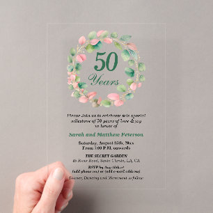 Teal Gold Pink Eucalyptus 50th Wedding Anniversary Acrylic Invitations