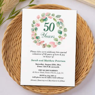 Teal Gold Pink Eucalyptus 50th Wedding Anniversary Invitation