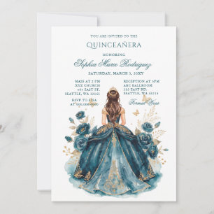 Teal Gold Princess Floral Tiara Quinceañera Invitation