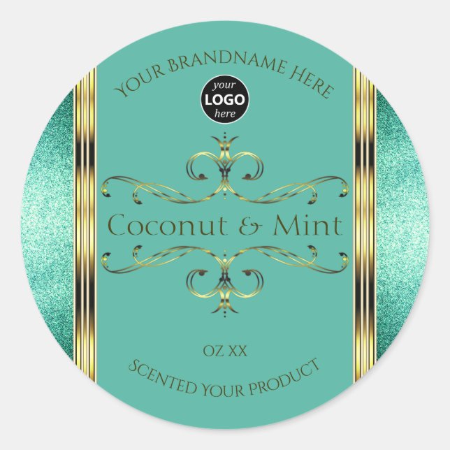 Teal Gold Product Labels Glitter Borders with Logo (Front)