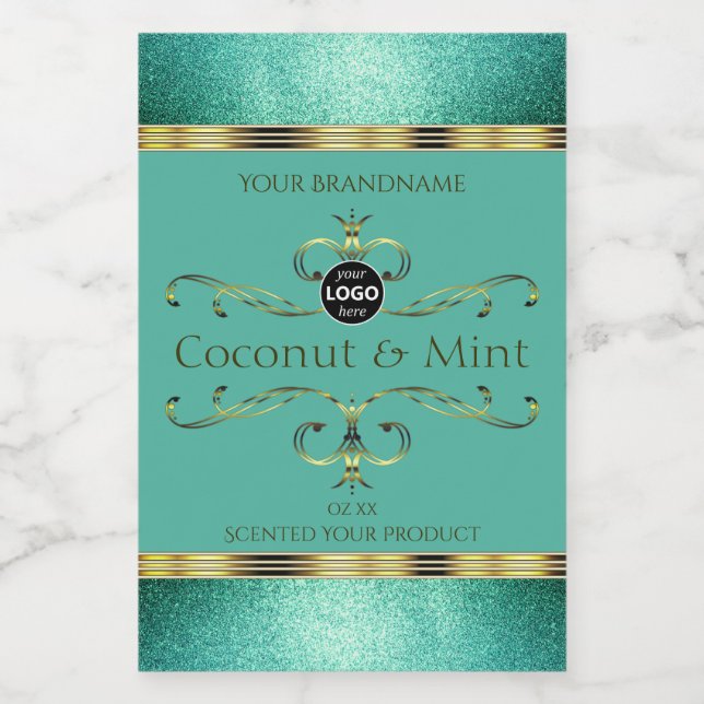Teal Gold Product Labels Glitter Borders with Logo (Single Label)
