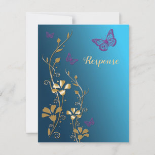 Teal, Gold, Purple Flowers and Butterflies RSVP