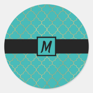 Teal & Gold Quatrefoil Monogrammed Party Classic Round Sticker