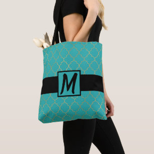 Teal & Gold Quatrefoil Monogrammed Tote Bag