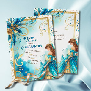Teal Gold Quinceañera Dress  Invitation