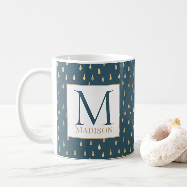 Teal Gold Raindrop Modern Trendy Monogram Coffee Mug (With Donut)