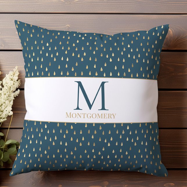 Teal Gold Raindrop Modern Trendy Monogram Cushion (Creator Uploaded)