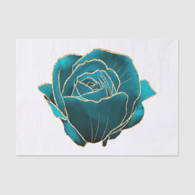 Teal Gold Rose Floral Watercolor Decoupage Tissue Paper (Front)