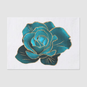 Teal Gold Rose Floral Watercolor Decoupage Tissue Paper