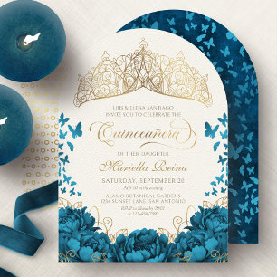 Teal Gold Royal Crown Floral Quinceanera Invitation