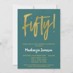 Teal Gold Script 50th Birthday Party Invitation