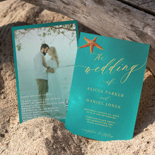Teal gold script photo QR code destination wedding Invitation