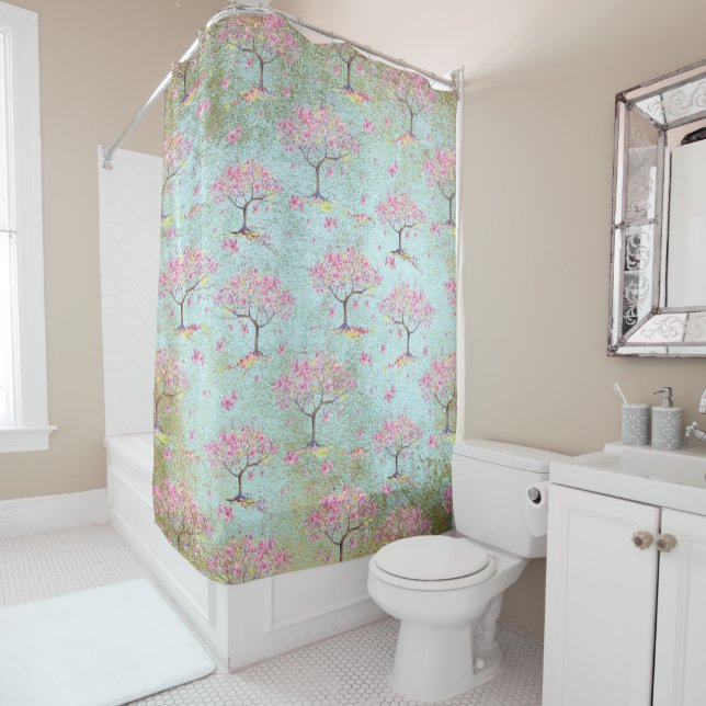Teal Gold Shiny Cherry Blossom Spring Pattern Shower Curtain (In Situ)