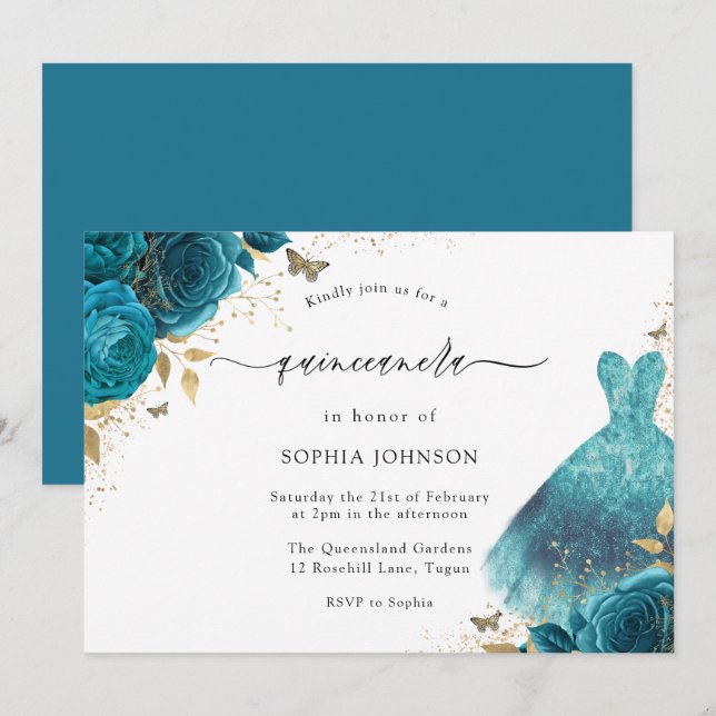 Teal & Gold Sparkle Dress Rose Quinceanera Party Invitation (Front/Back)
