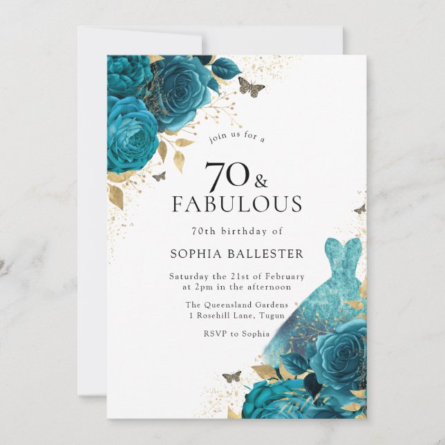 Teal Gold Sparkle Dress Roses 70th Birthday Party Invitation (Front)