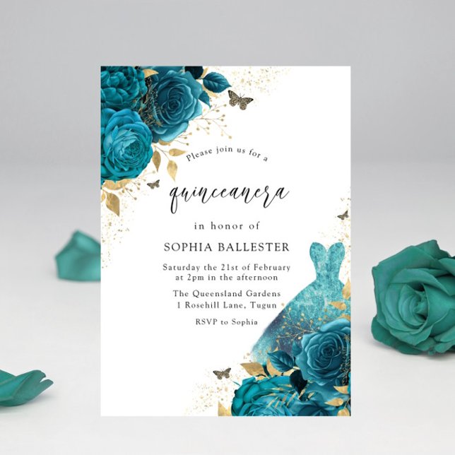 Teal & Gold Sparkle Dress Roses Quinceanera Party Invitation (Creator Uploaded)