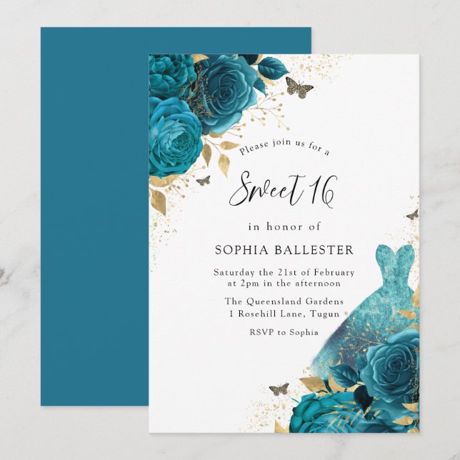 Teal & Gold Sparkle Dress Roses Sweet 16 Party Invitation (Front/Back)