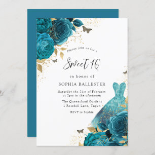 Teal & Gold Sparkle Dress Roses Sweet 16 Party Invitation