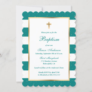 Teal Gold Stars Striped Baptism Invitation