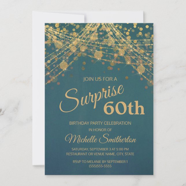 Teal Gold String Lights Bokeh 60th Birthday Invitation (Front)