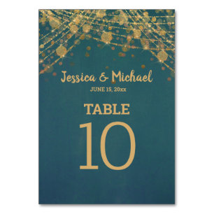 Teal Gold String Lights Bokeh Wedding Table Number