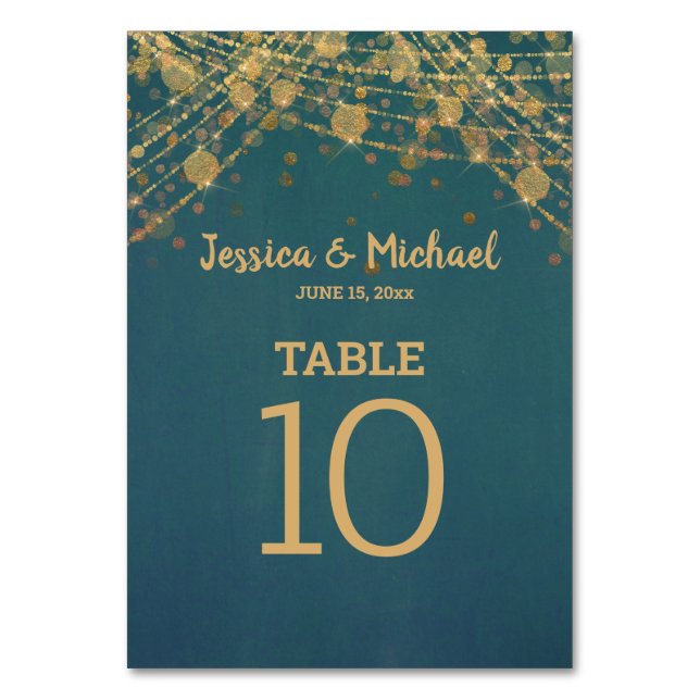 Teal Gold String Lights Bokeh Wedding Table Number (Front)