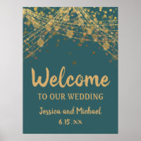 Teal Gold String Lights Bokeh Wedding Welcome