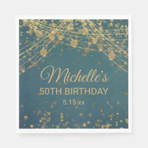 Teal Gold String Lights Glitter Adult Birthday  Napkin